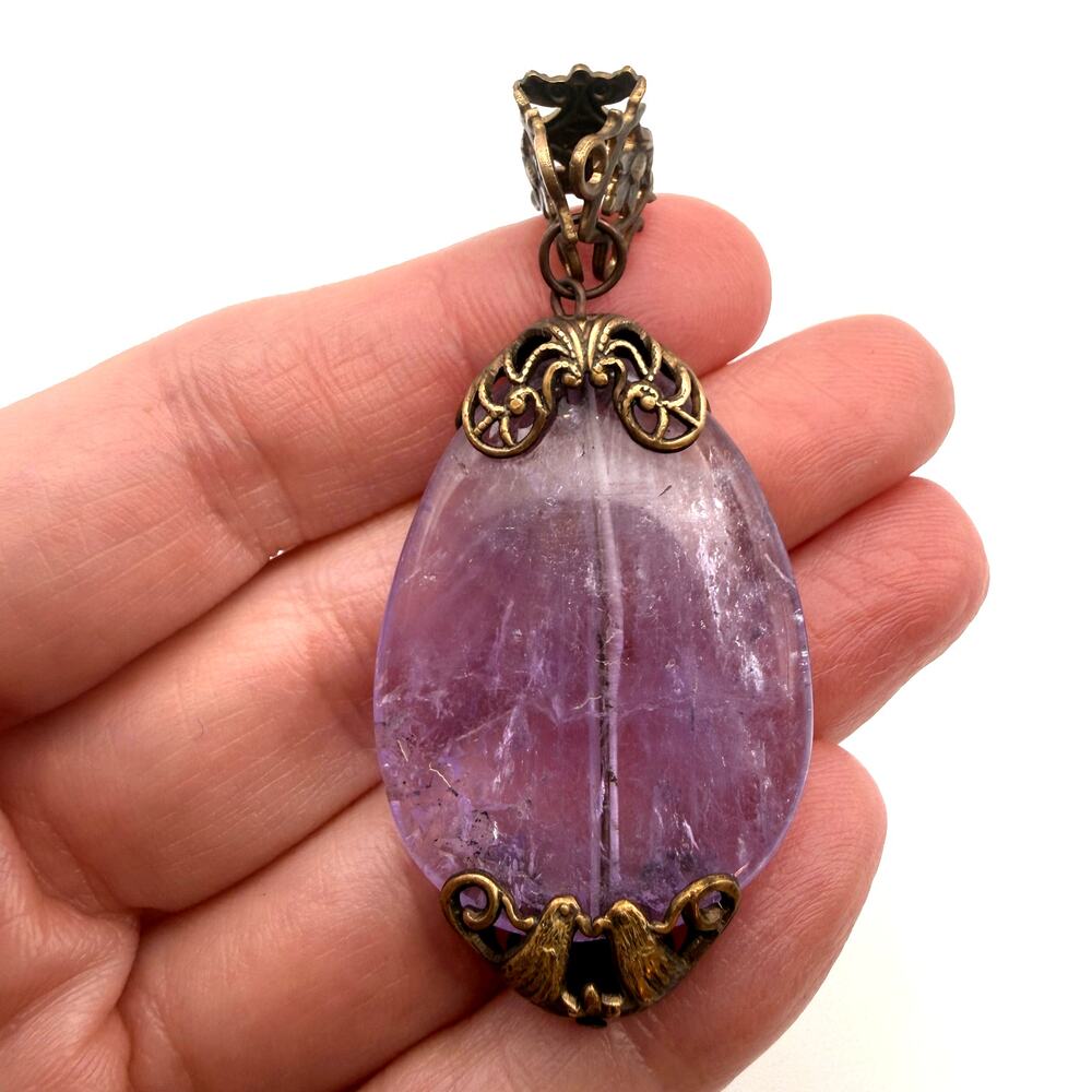 Vintage Amethyst Teardrop Pendant Gold Plated Filigree Birds Art Nouveau Style